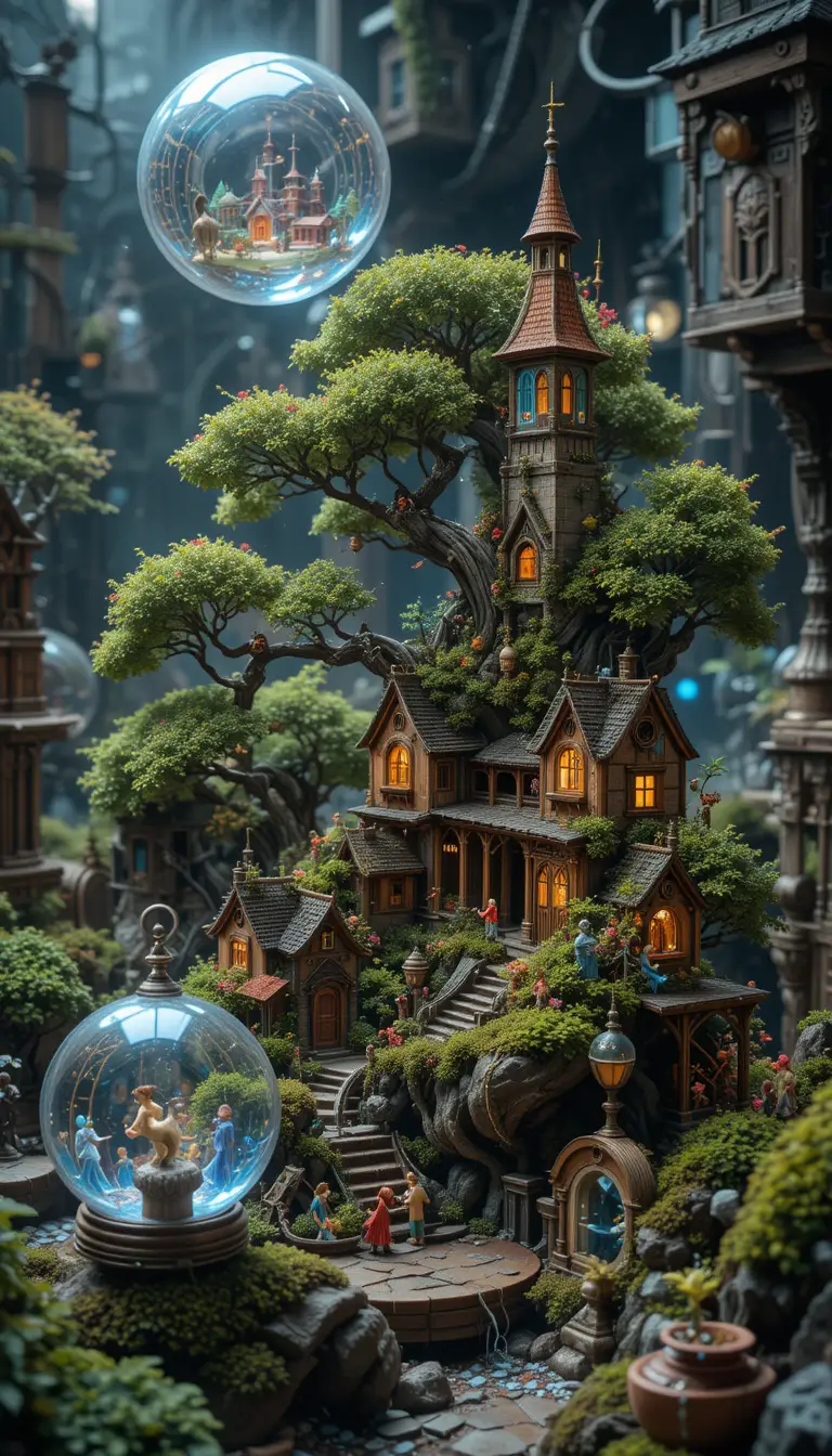 Steampunk bonsai village inside glowing crystal orbs