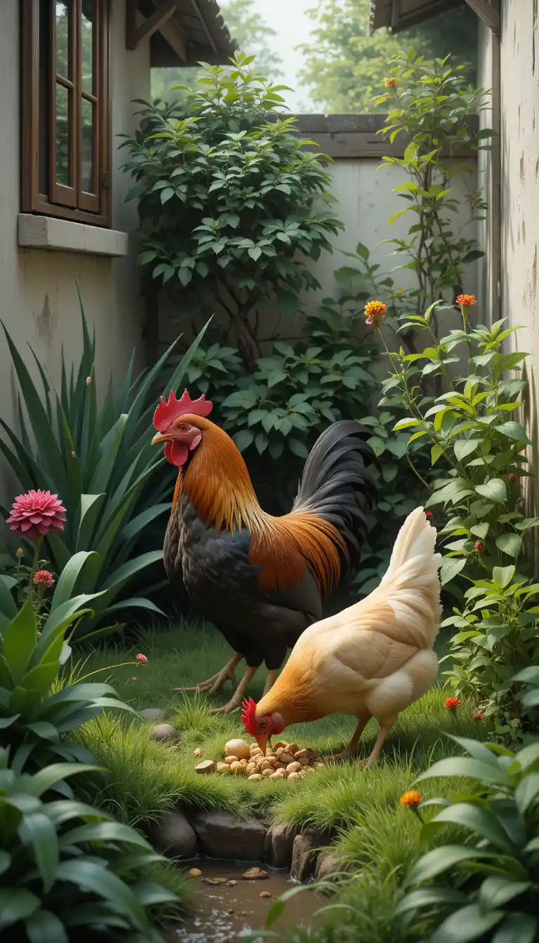 Rooster And Hen Feeding Together In Lush Garden Corner