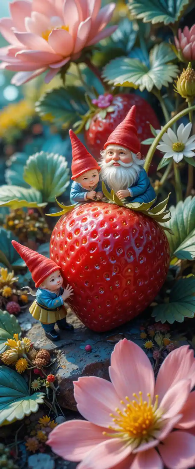 Tiny gnome children repairing a giant strawberry in garden