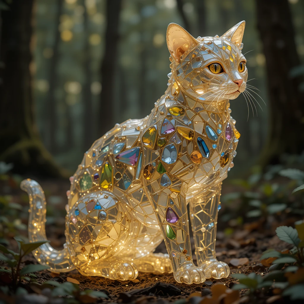 Gato de cristal hecho de gemas deambulando por un bosque