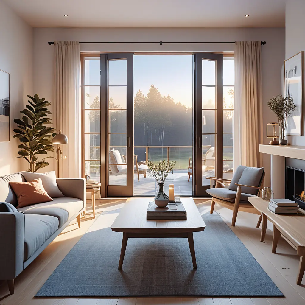Scandinavian living room with french doors and soft window light