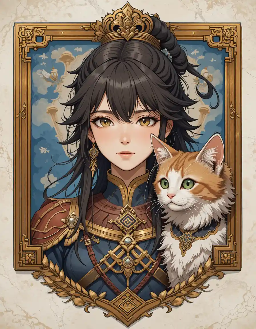 Anime coat of arms with young warrior and cat emblem