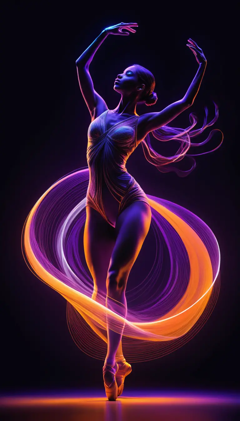 Neon dancer in motion with swirling light trails