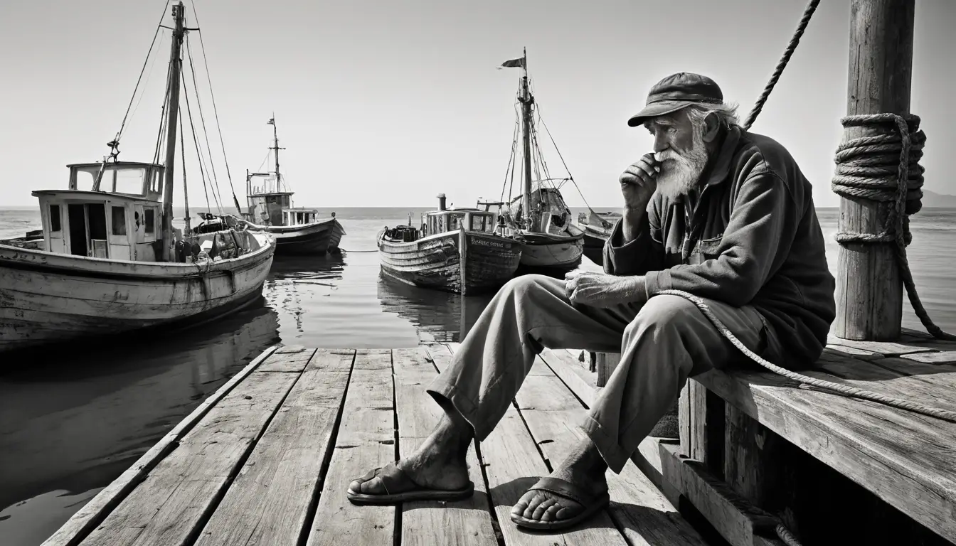 Old fisherman sitting thoughtfully on a worn wooden dock