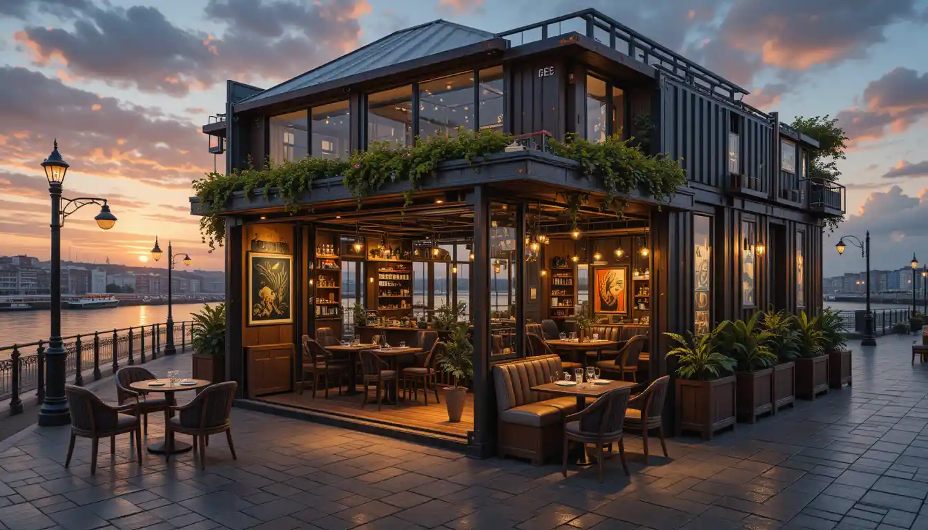 Hyperrealistic Oil Painting Of Cozy Container Cafe