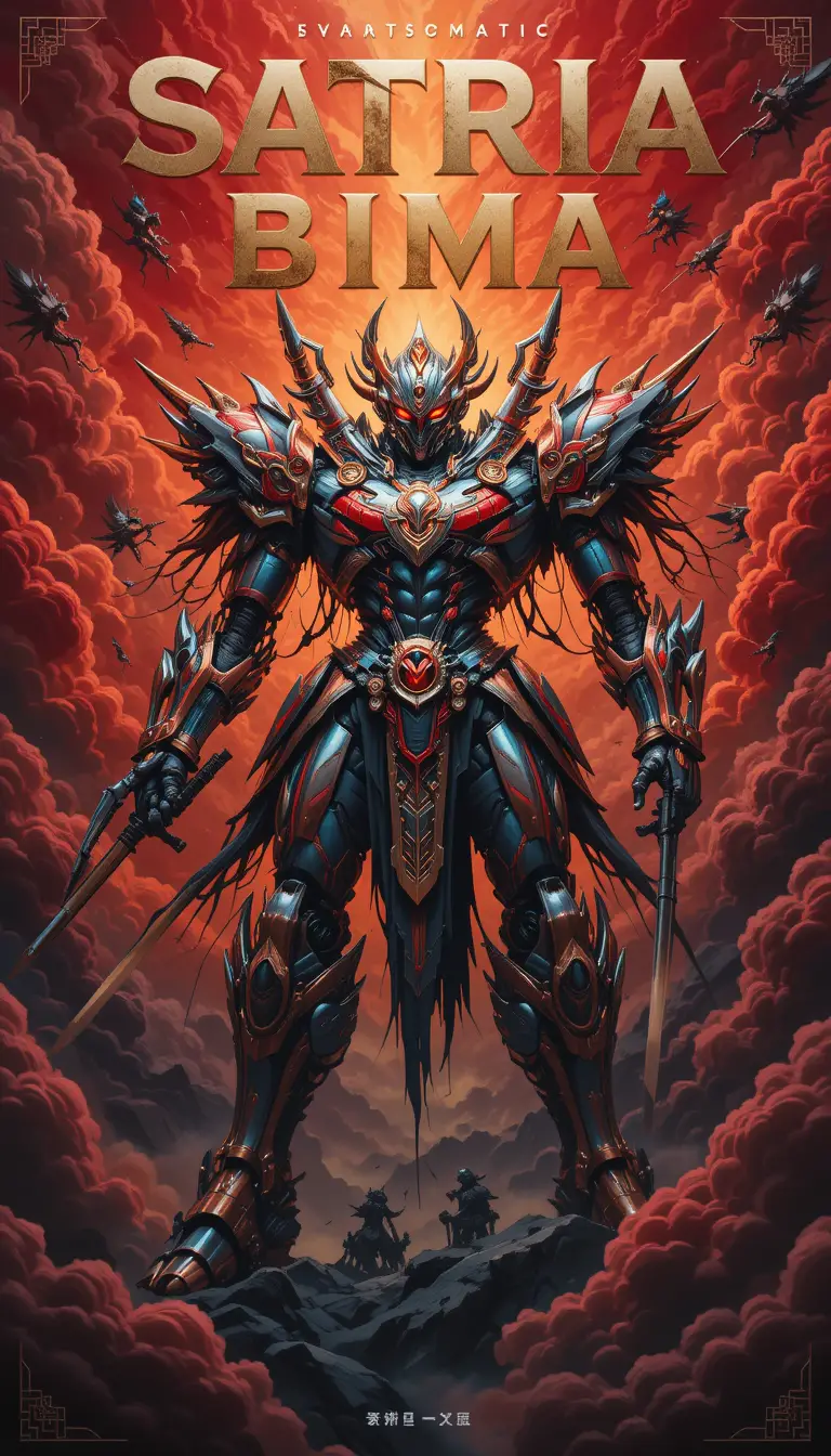 Javanese hero transforming into intricate mecha in red clouds