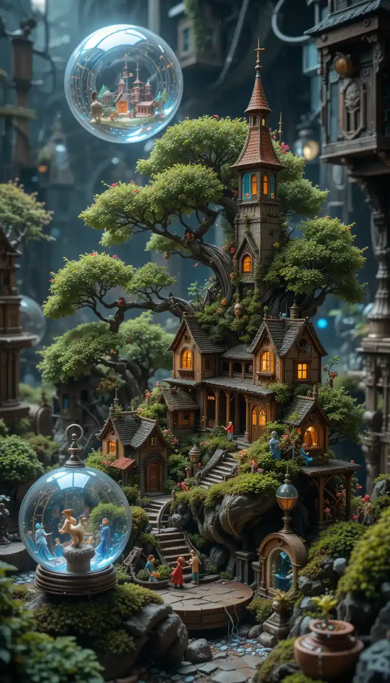 Steampunk bonsai village inside glowing crystal orbs