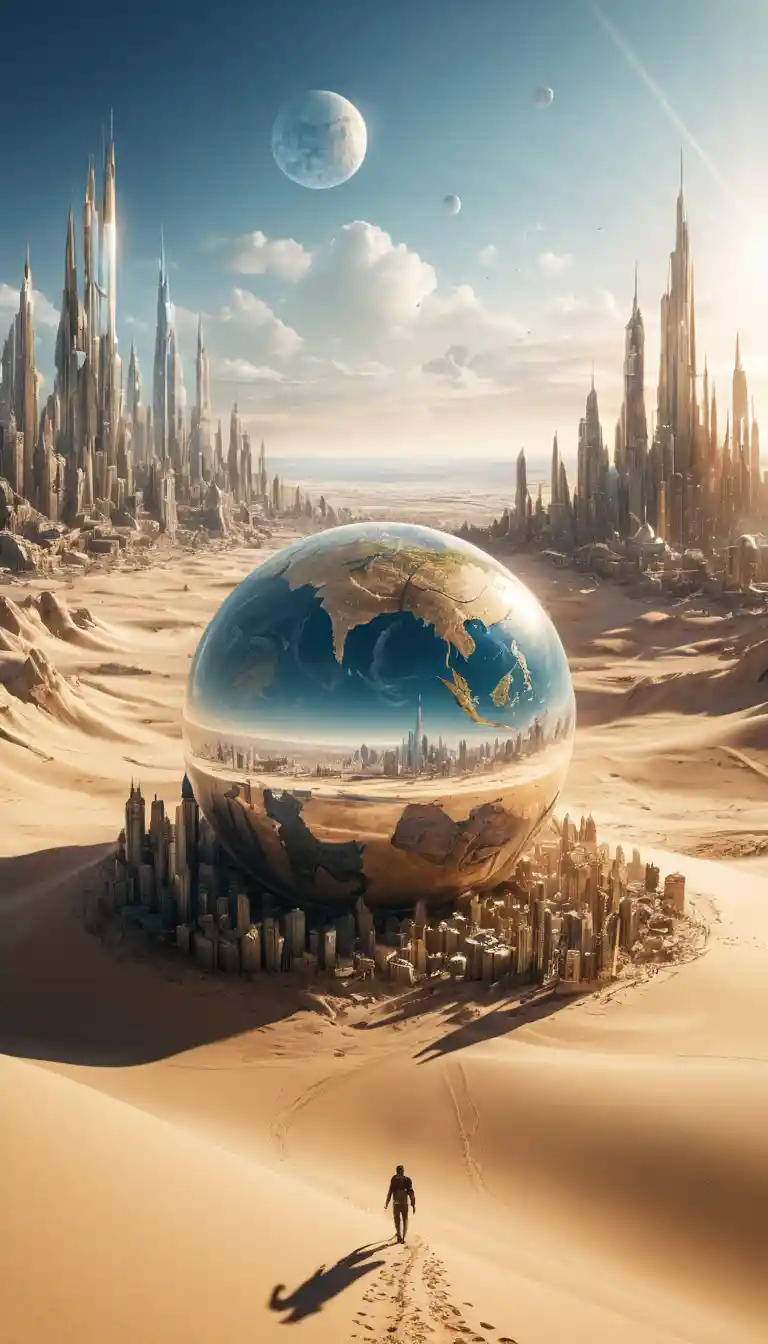 Surreal fantasy cityscape in bright sunlight and sand