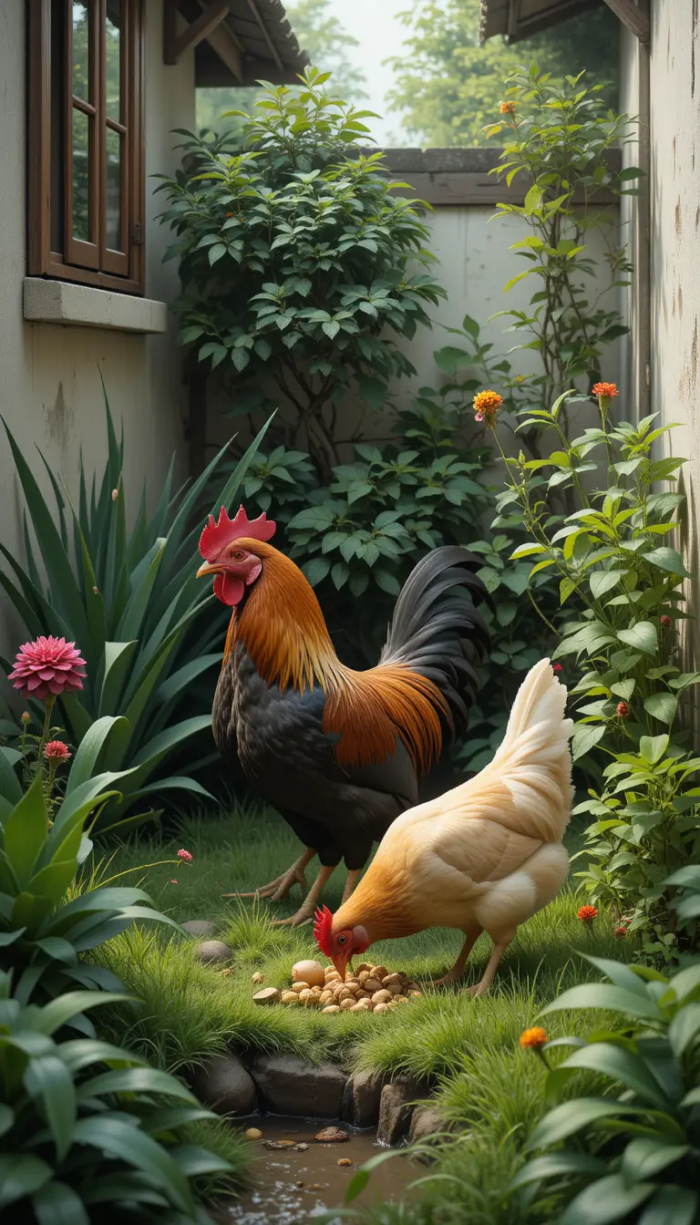 Rooster And Hen Feeding Together In Lush Garden Corner