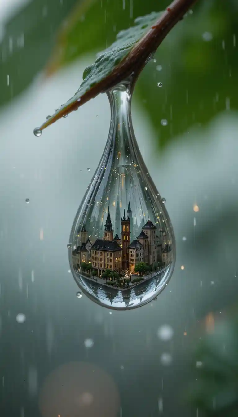 Miniature city suspended inside a glowing raindrop