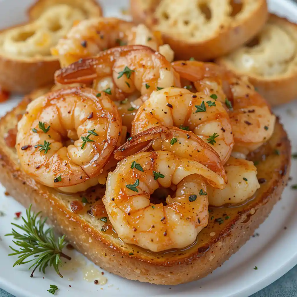 Garlic butter shrimp on toasted baguette with herbs