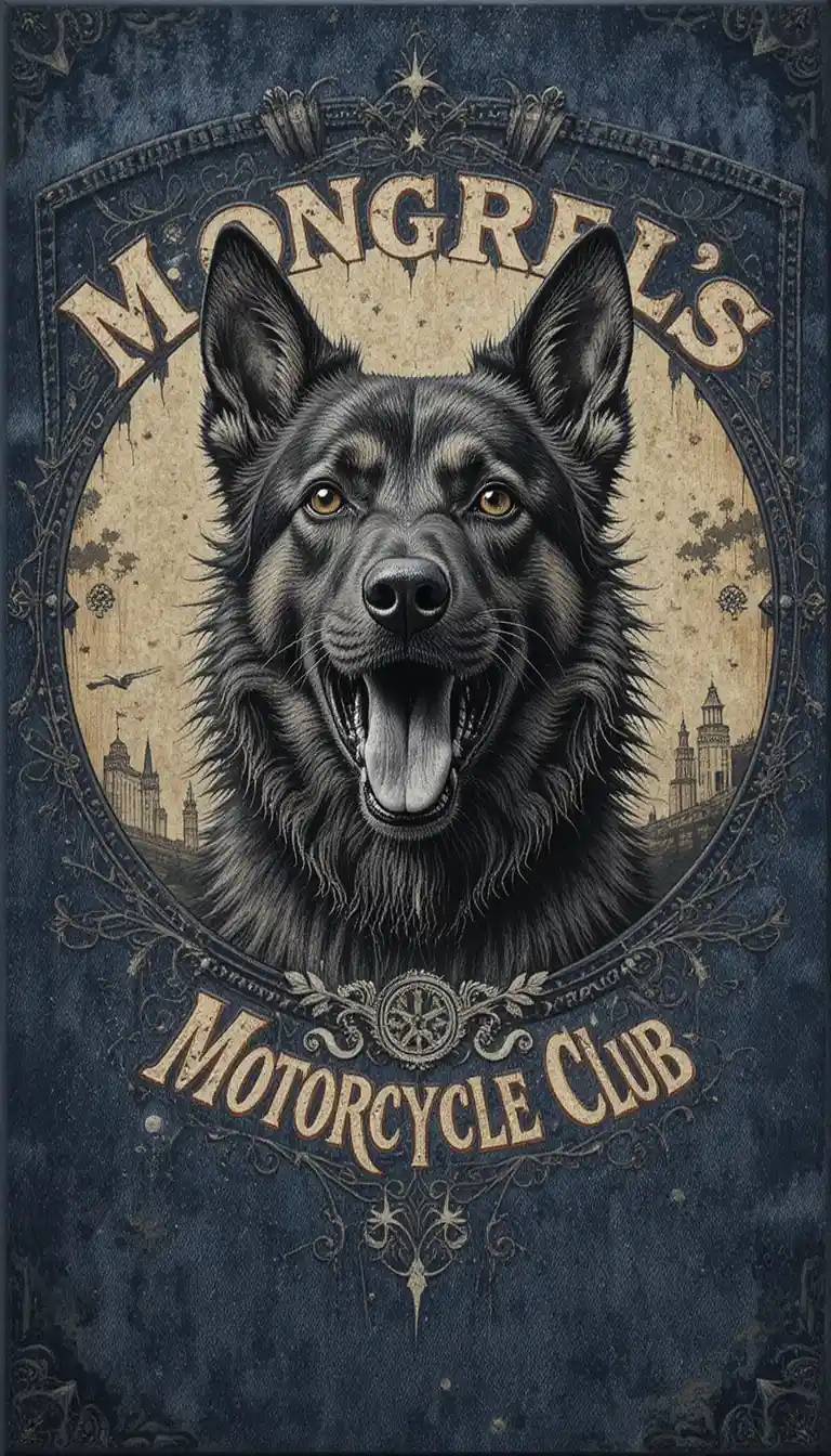 Denim vest with chained dog skull patch and biker text