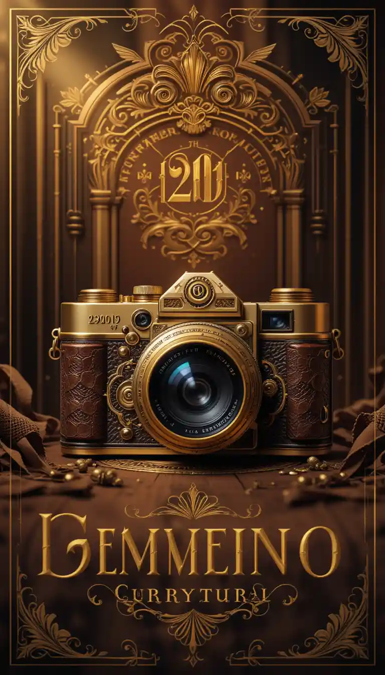 Vintage luxury camera advertisement with art deco details