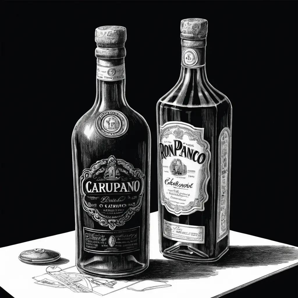 Hand drawn black and white illustration of a rum bottle