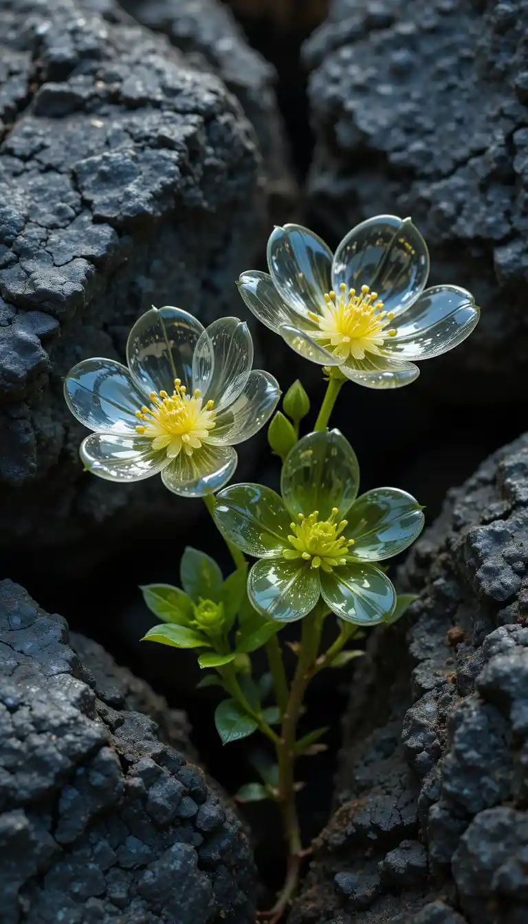 Glass like flowers growing between dark textured rocks