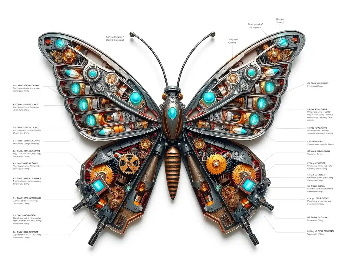 Mechanical butterfly cutaway with exposed gears and wiring