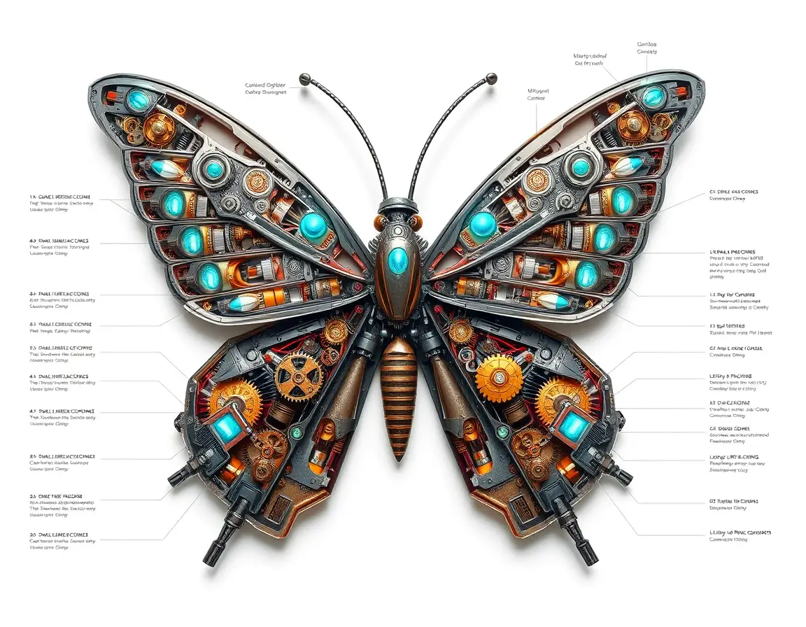 Mechanical butterfly cutaway with exposed gears and wiring