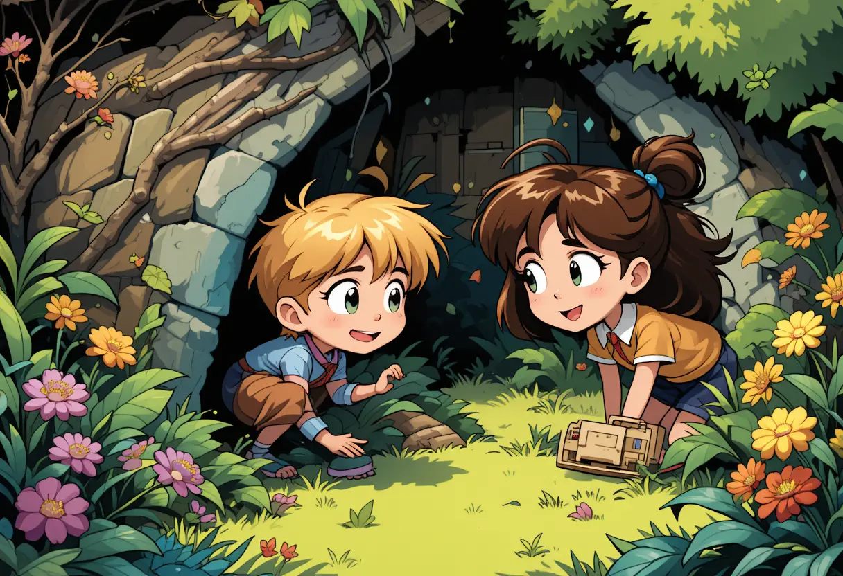 Comic scene of children playing hide and seek in garden
