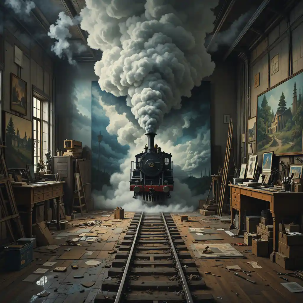 Surreal train bursting from canvas in mist filled art studio