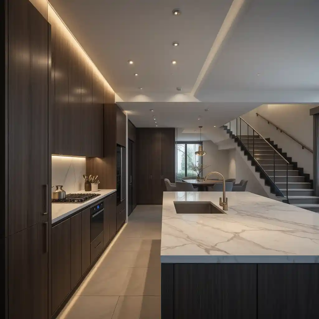 Modern luxury kitchen with marble island and warm lighting