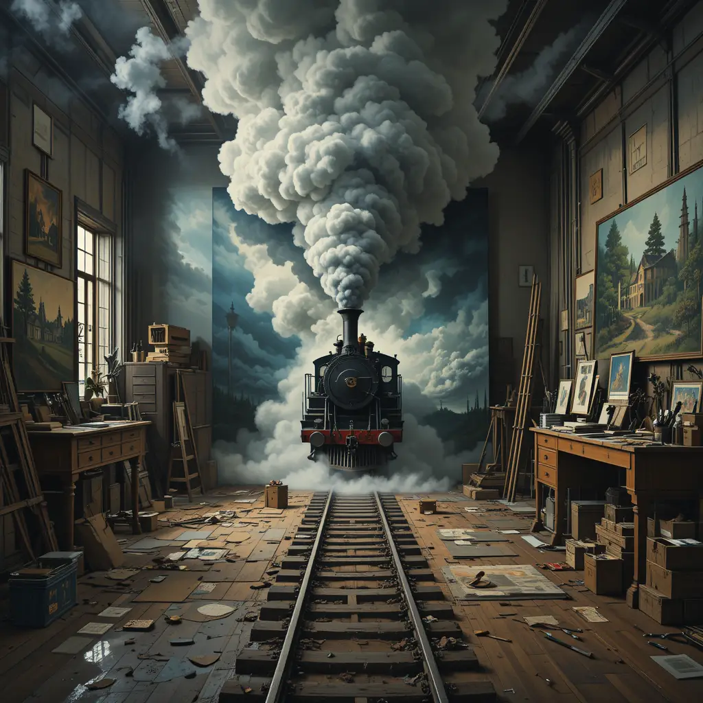 Surreal train bursting from canvas in mist filled art studio