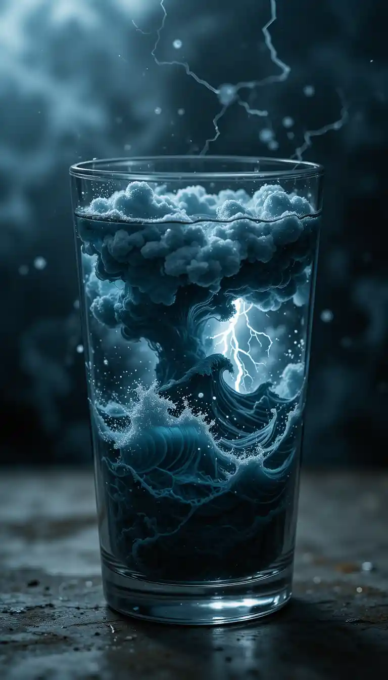Surreal storm swirling inside a small glass of water