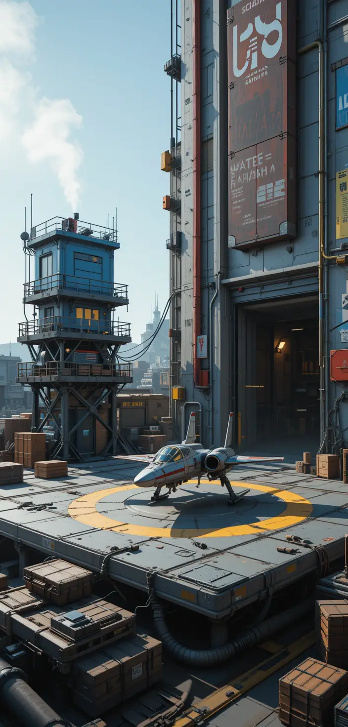 Small blue starfighter on busy spaceport landing platform