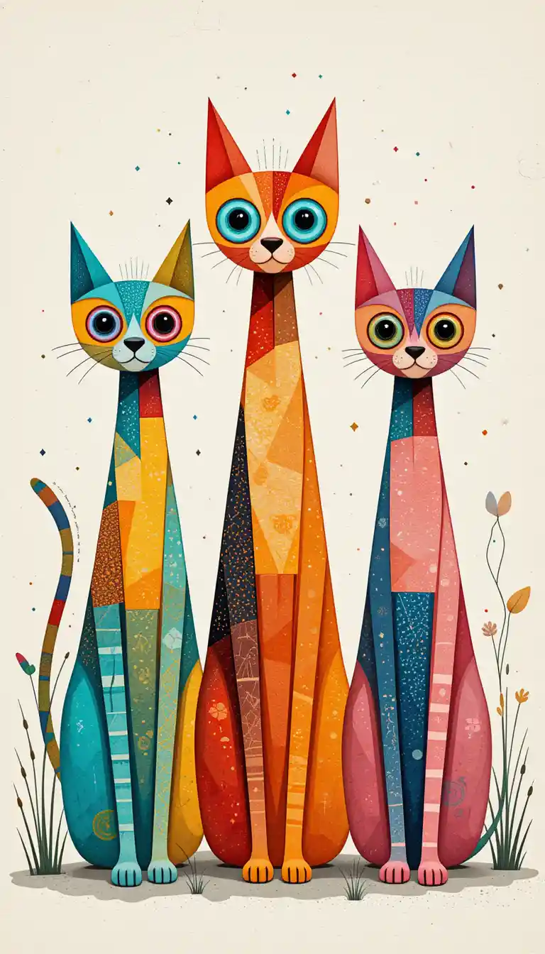 Three Abstract Geometric Cats With Colorful Watercolor Shapes