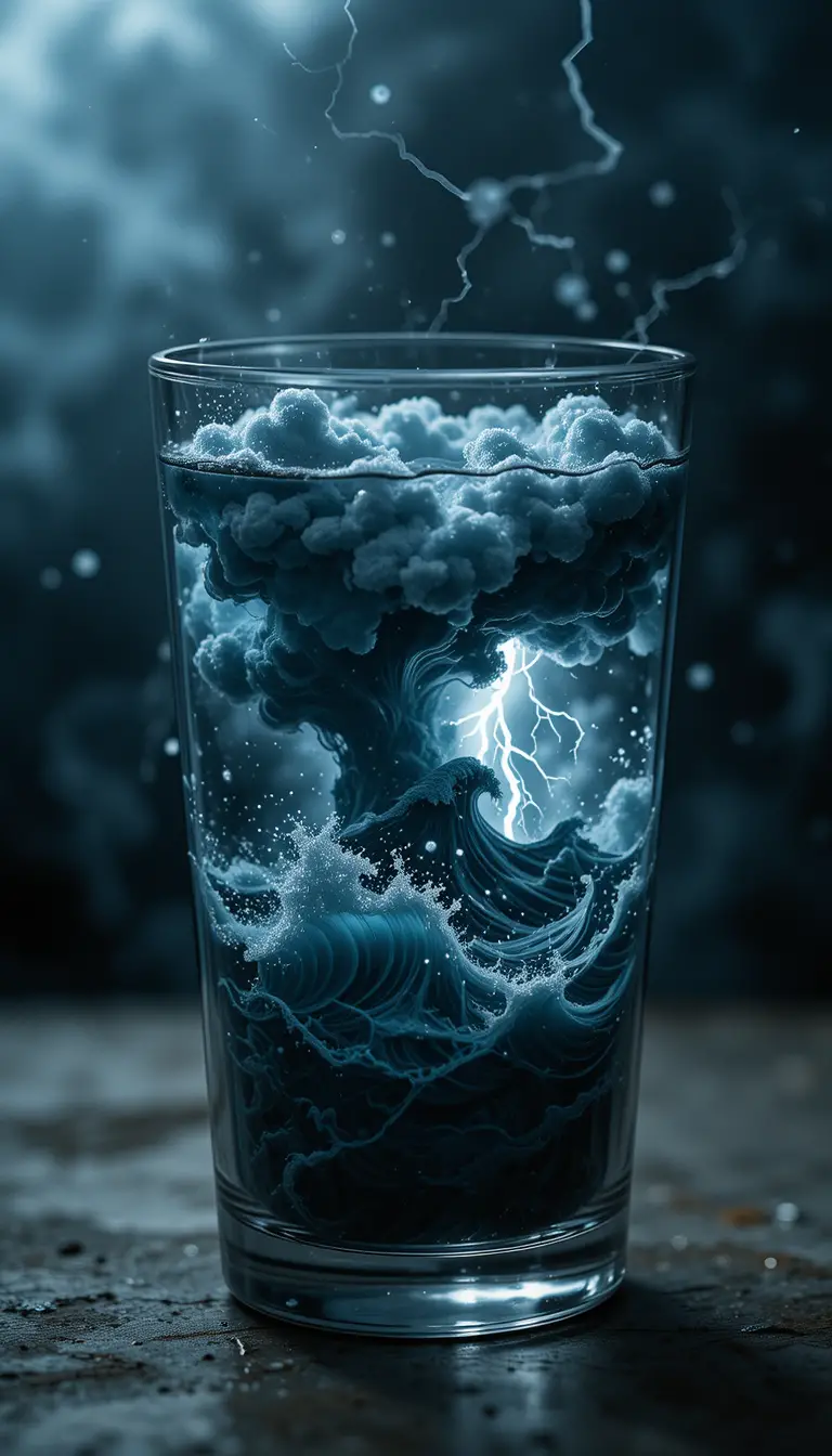 Surreal storm swirling inside a small glass of water