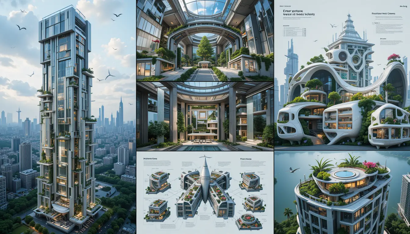 Futuristic ecological megatower with vertical gardens and turbines