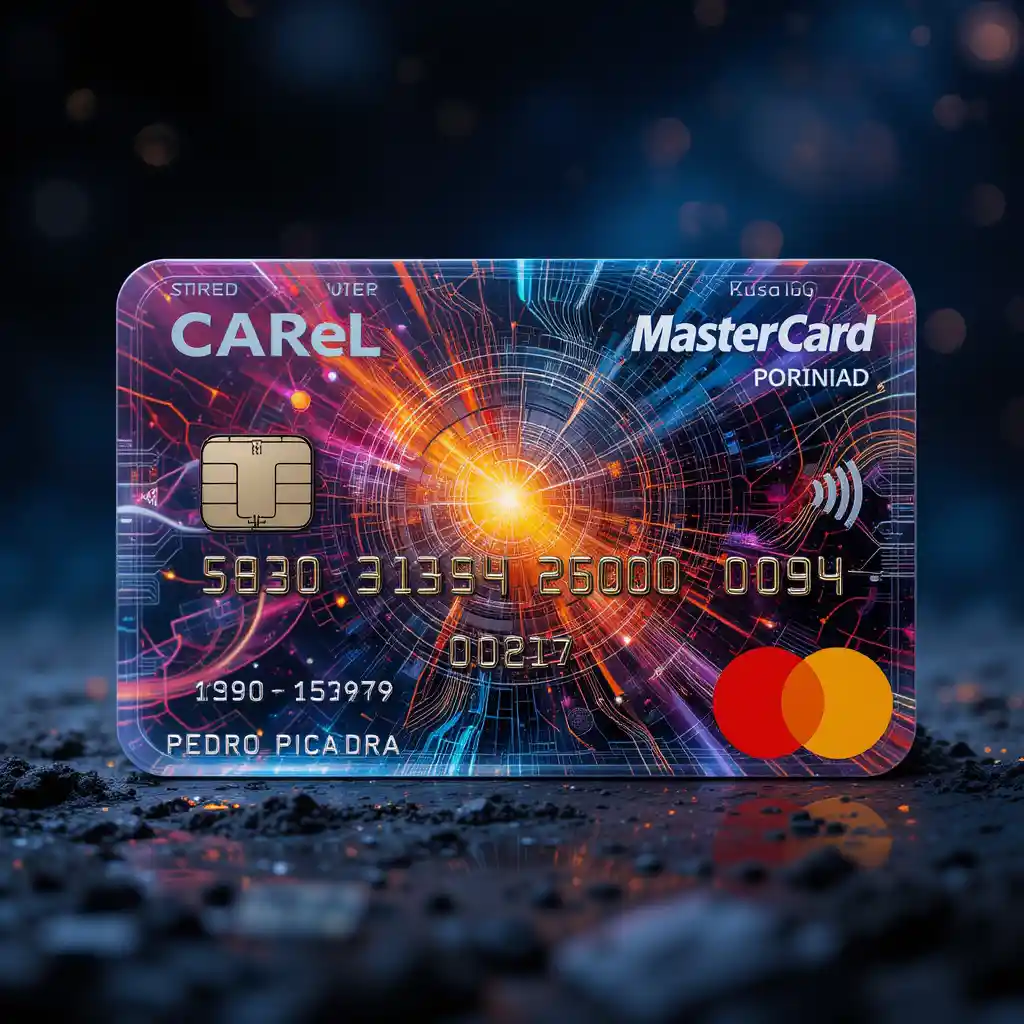 Futuristic transparent credit card with vibrant space design