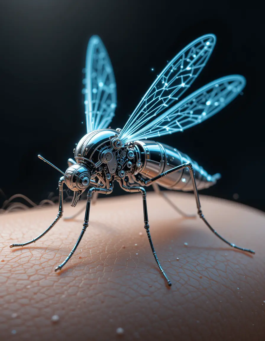 Technical illustration of a micro robotic mosquito on skin