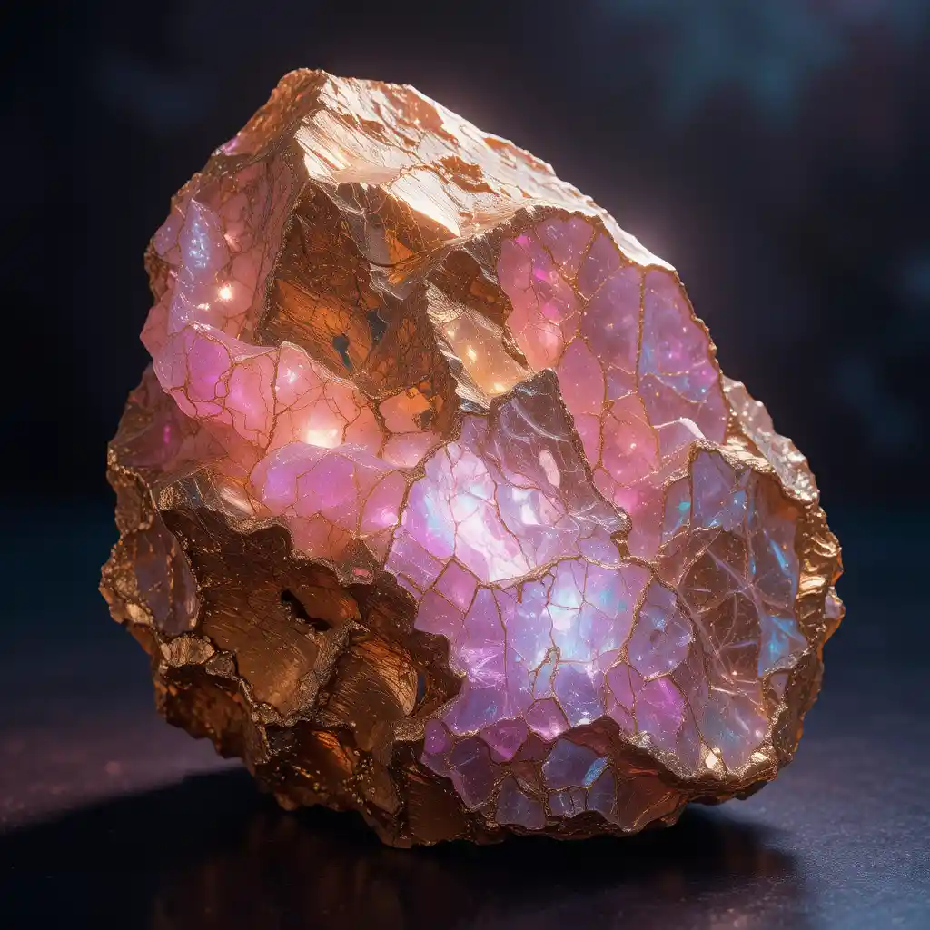 Glowing golden mineral with iridescent pink highlights