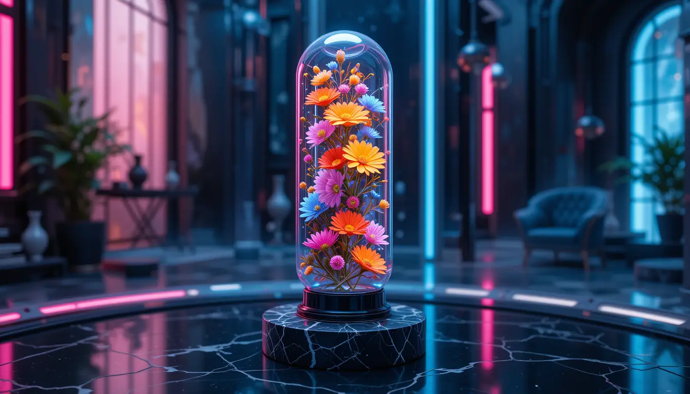 Futuristische Glasflasche mit Blumen in einem modernen Raum