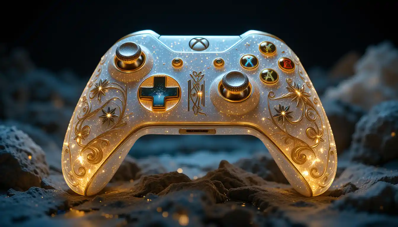 Opal and gold game controller sculpture in dark void