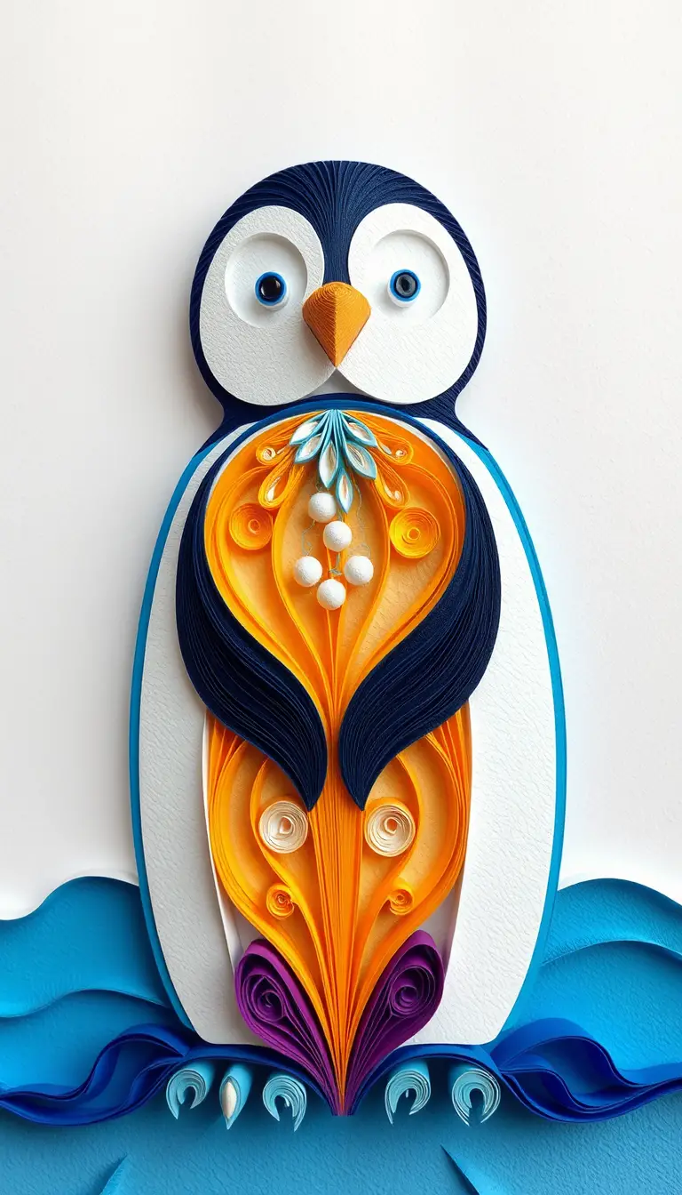 3D quilled emperor penguin in cool blue paper art