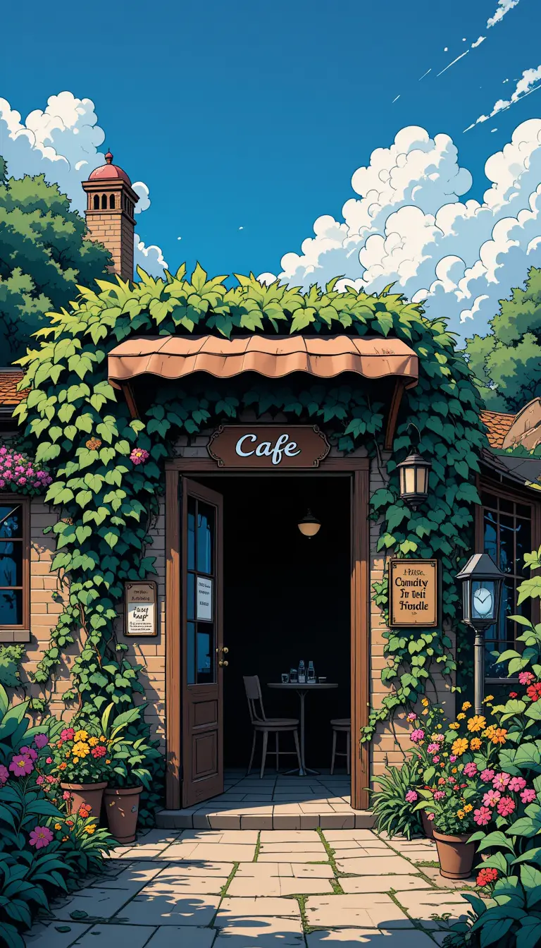 Cartoon Street Cafe Front With Open Door And Ivy