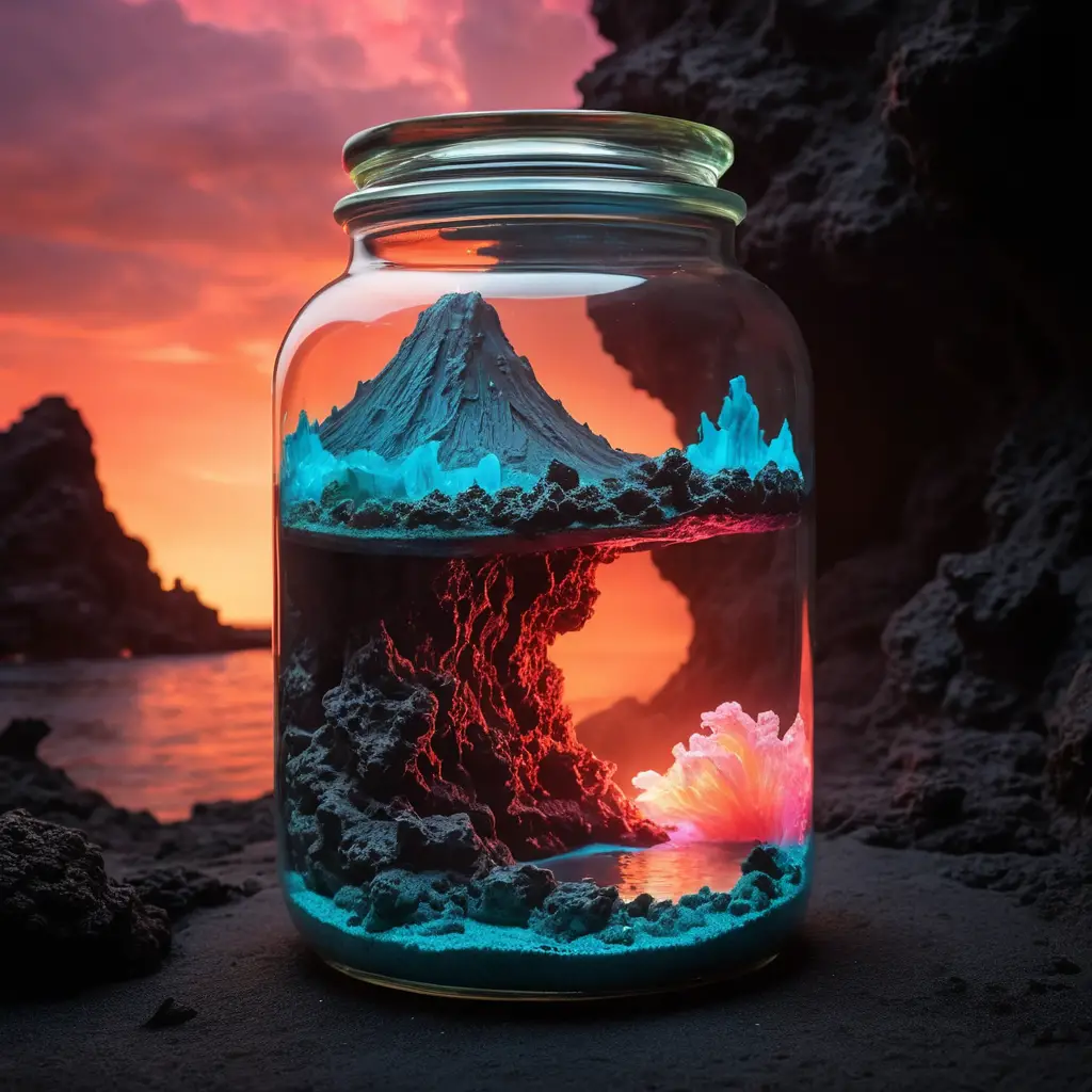 Glowing glass jar holding erupting volcano and calm sea