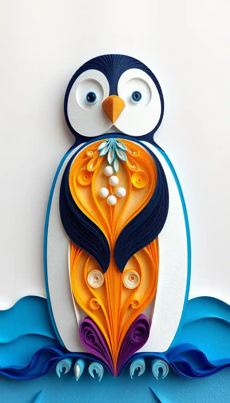 3D quilled emperor penguin in cool blue paper art