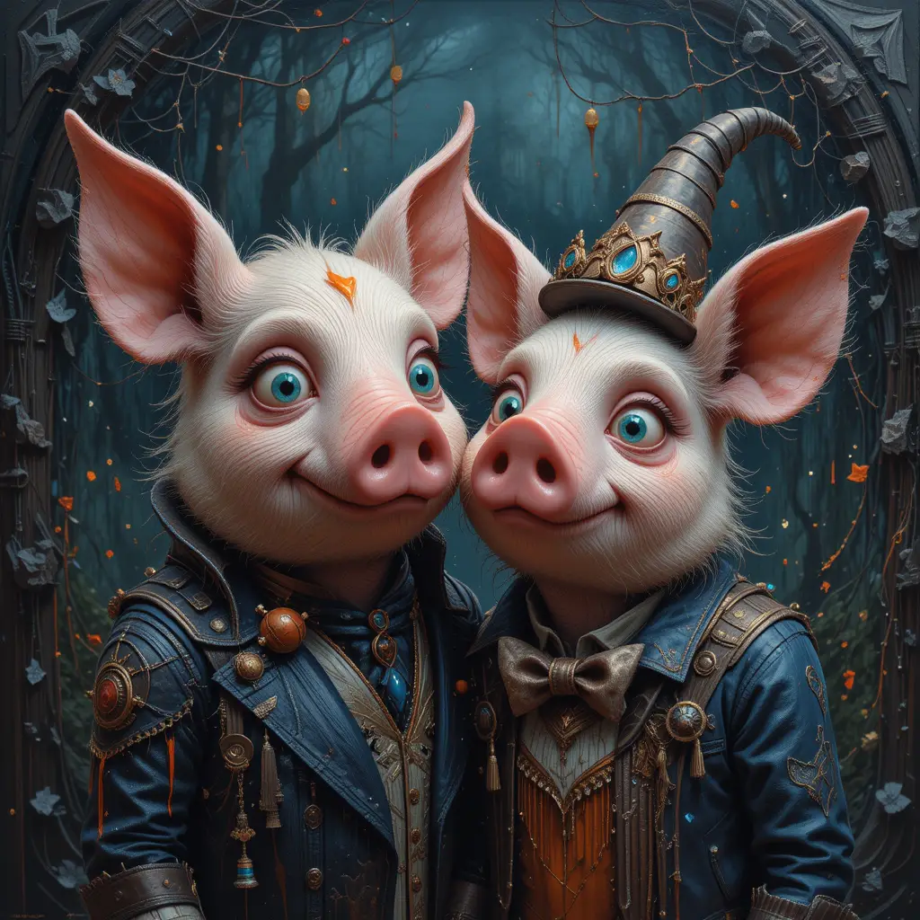 Quirky 3d portrait of cute pig couple in fantasy colors