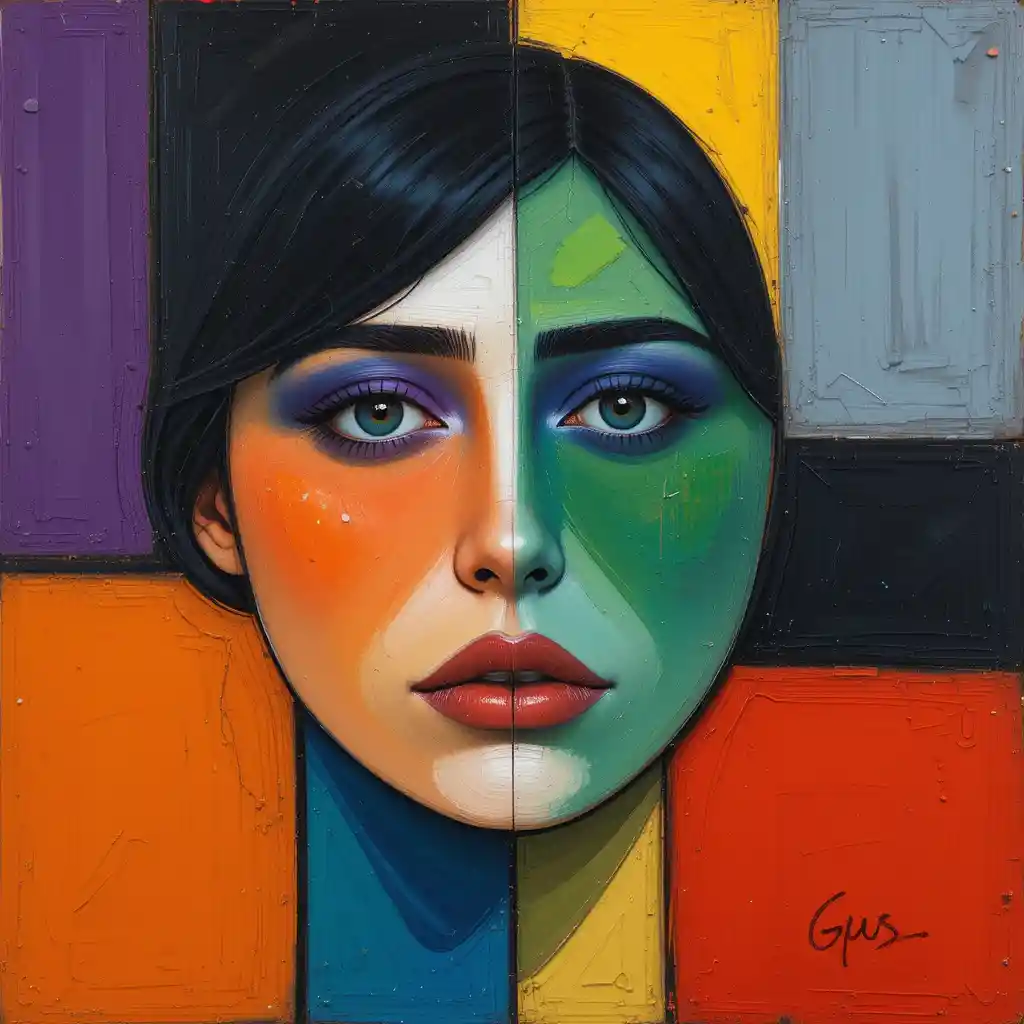 Cubist portrait of a young woman in bold color blocks