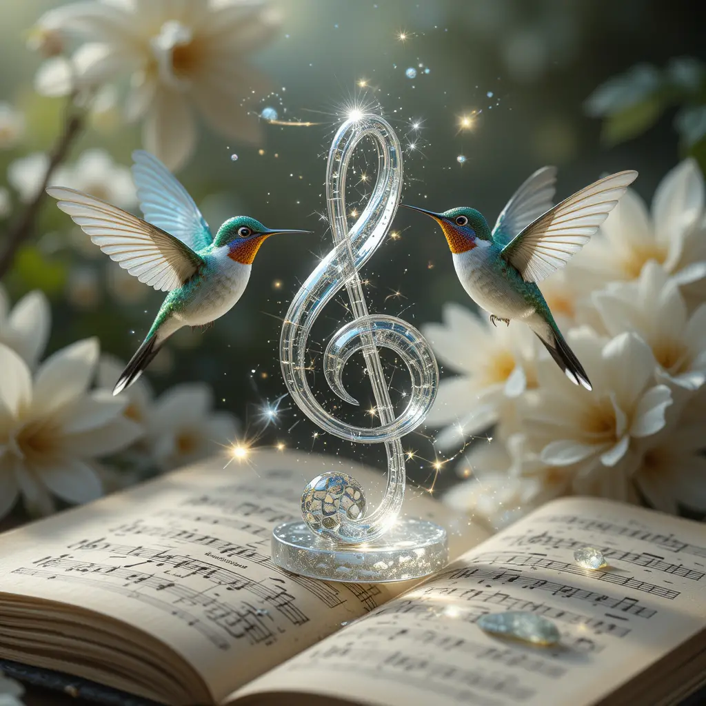 Magical Hummingbirds Around A Crystal Treble Clef