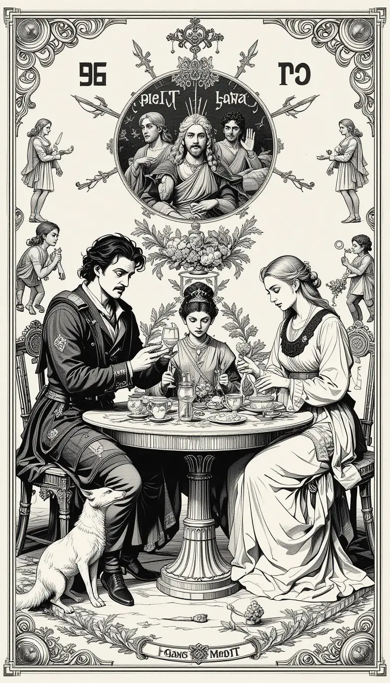 Ink tavern scene with humans demons and strange creatures