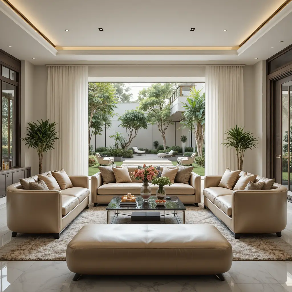 Modern living room with gray sofa and garden view