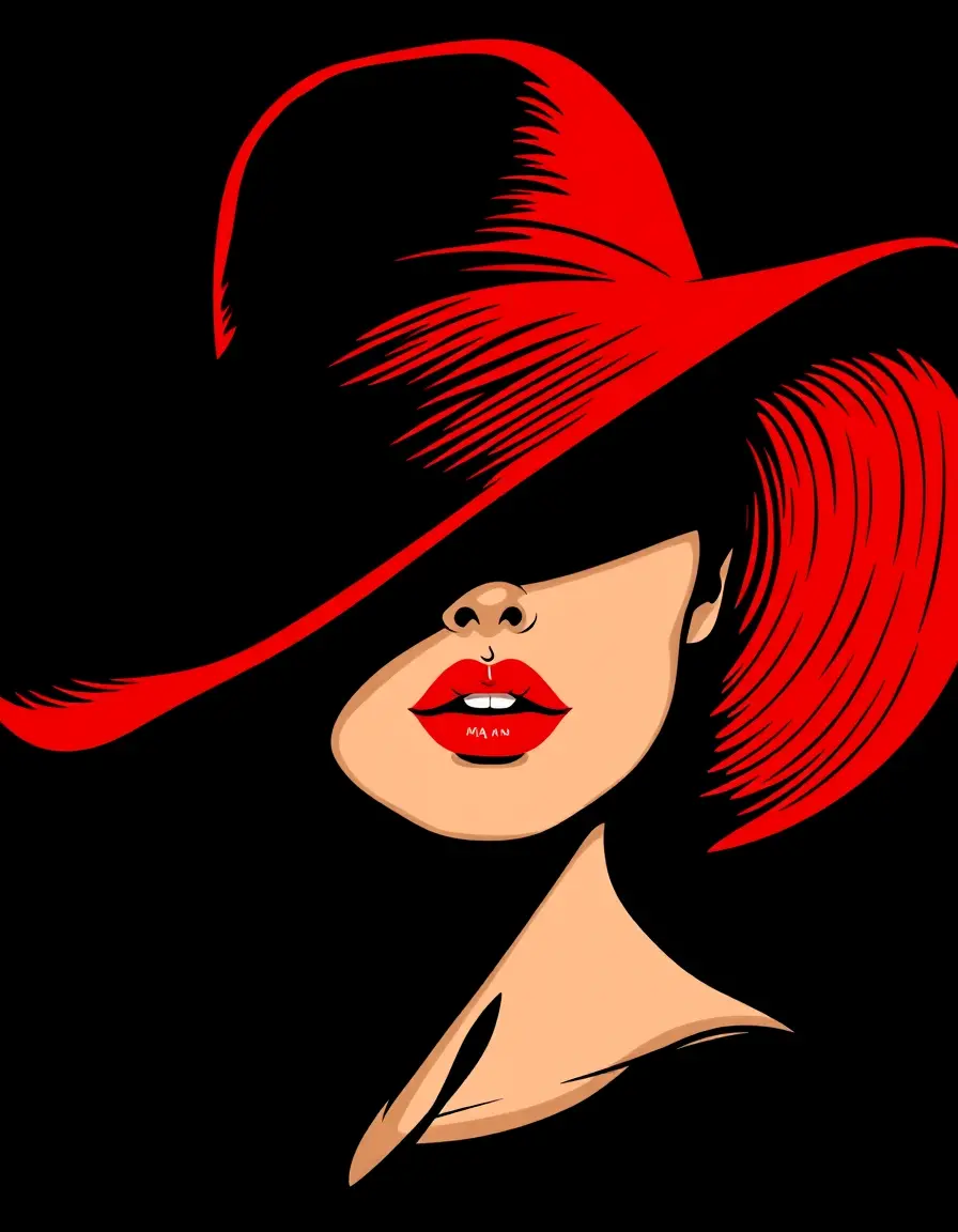 Mysterious woman in wide brim red hat on black background