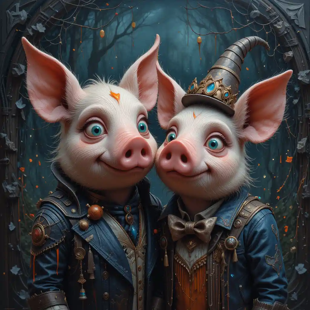 Quirky 3d portrait of cute pig couple in fantasy colors