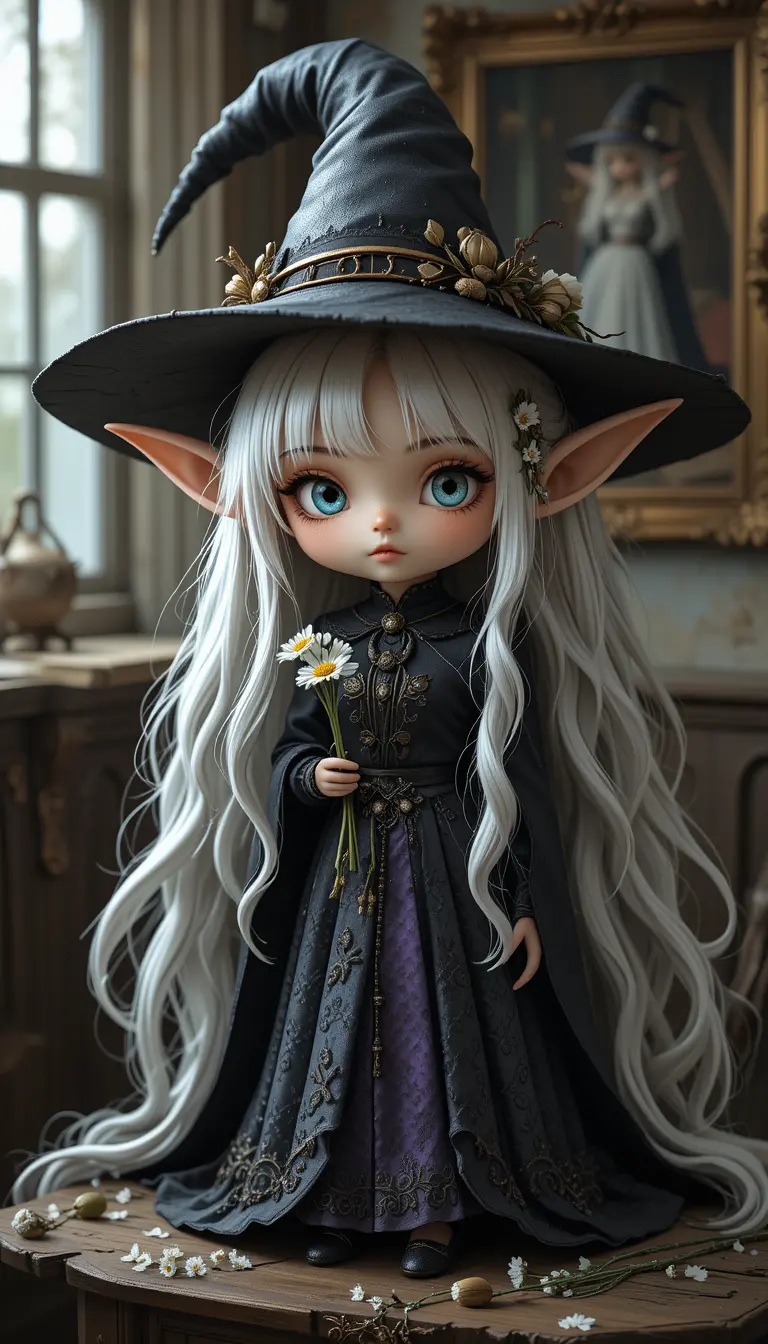 長い白髪でデイジーを持つちびゴブリン魔女