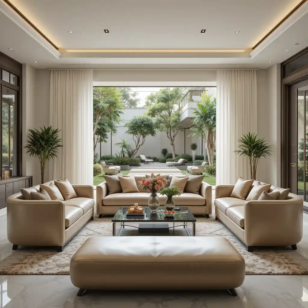 Modern living room with gray sofa and garden view