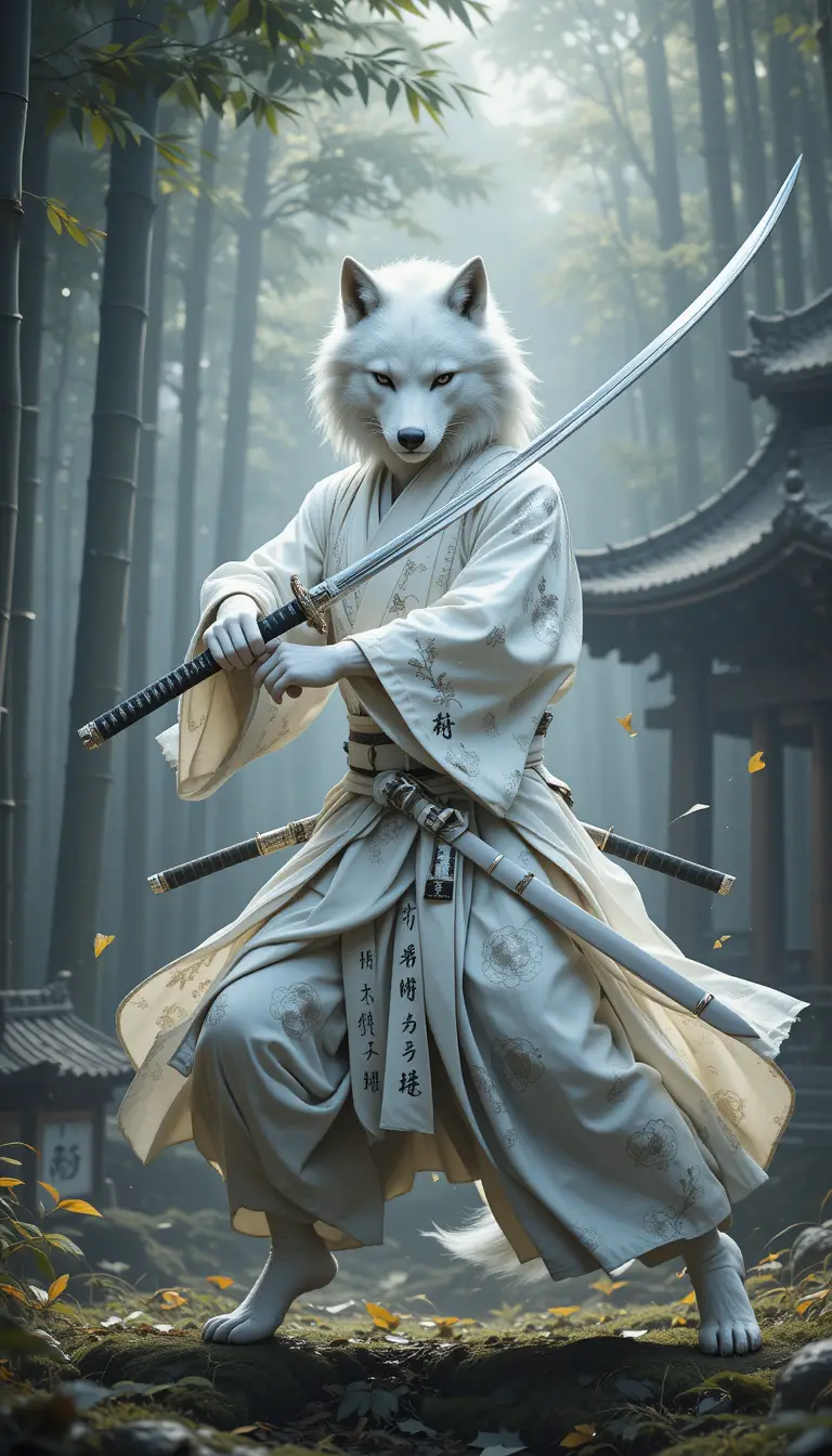 White wolf samurai walking with katana in bamboo forest