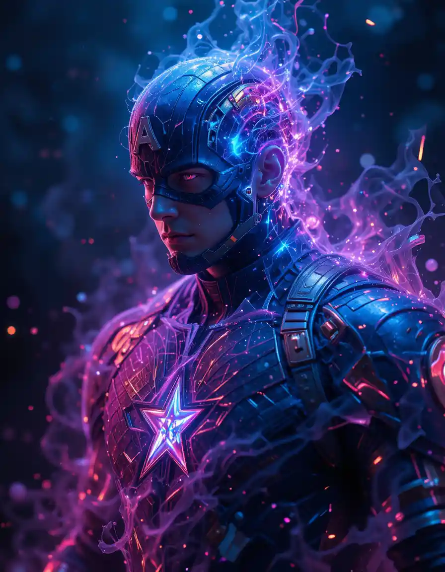 Superhero portrait with ethereal glow on dark background